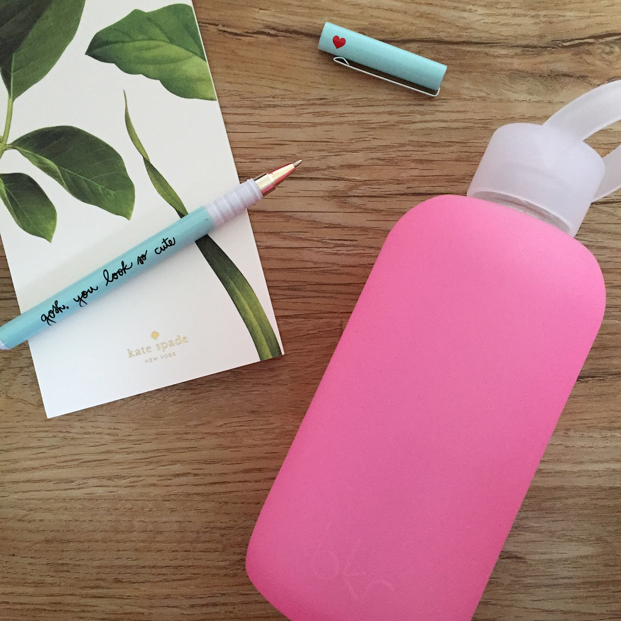 Ban.do Sweet Talk pen, palm leaves notepad, and bkr bottle_joyfetti.com